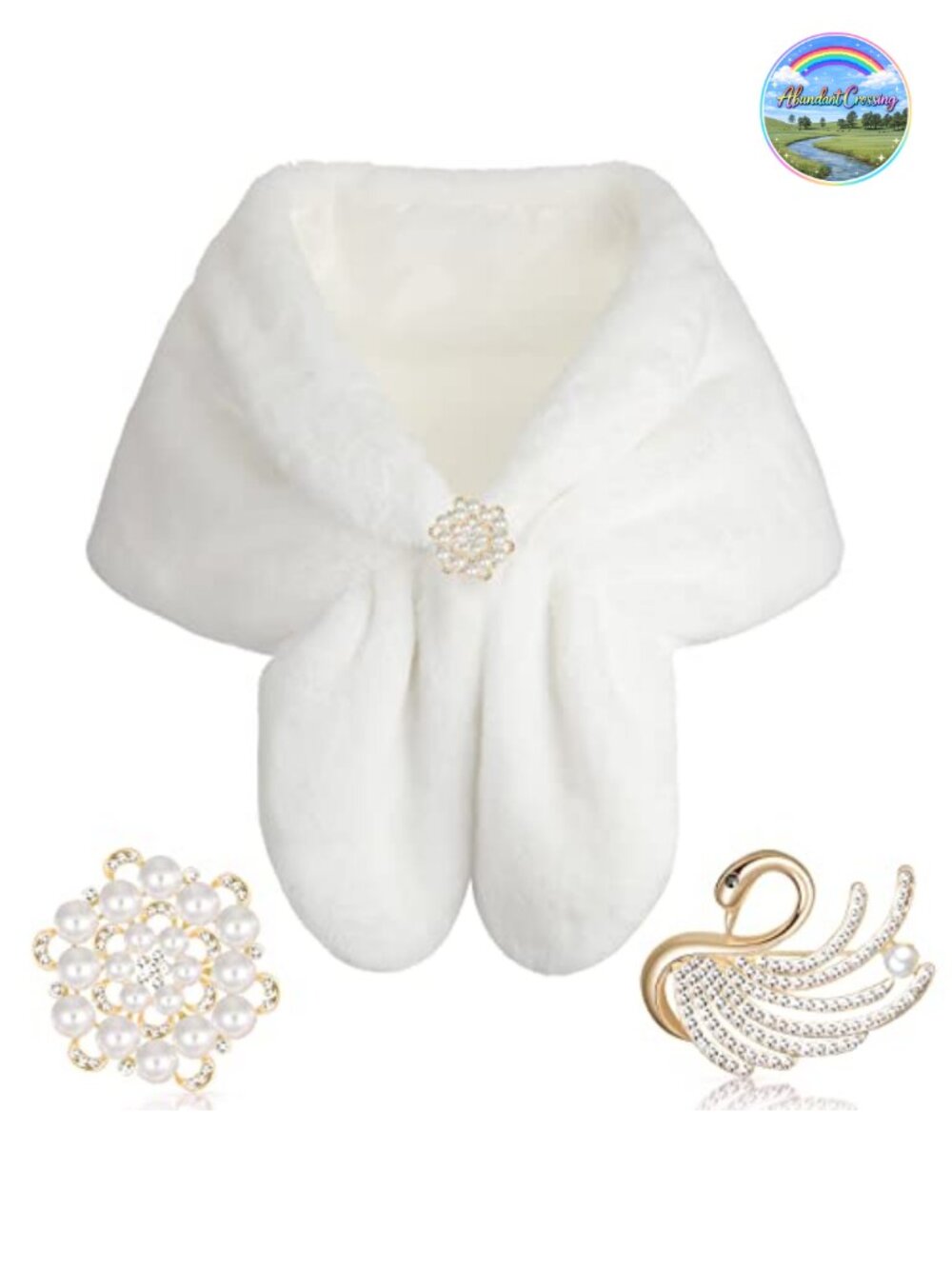 Faux Fur Shawl Wrap Women with 2 Pearl Rhinestone Brooches Bridal Winter Stole
